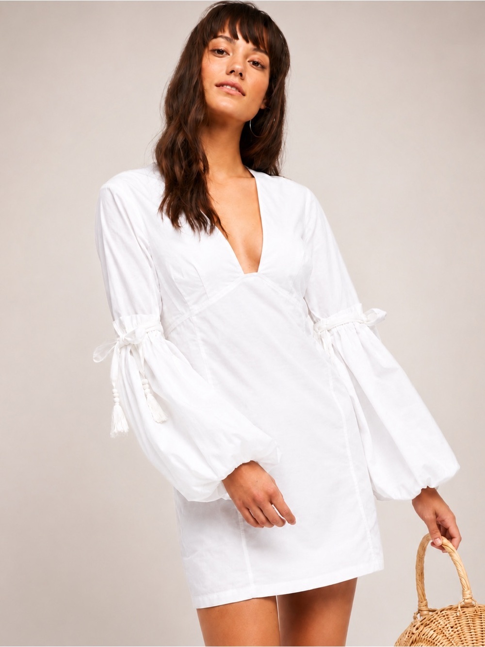 Free People White Mini Dress with Balloon Sleeves